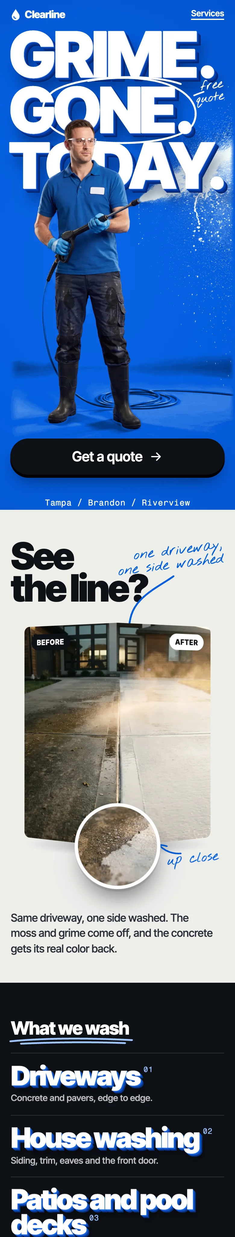 A sample pressure washing website design, scrolling on a phone