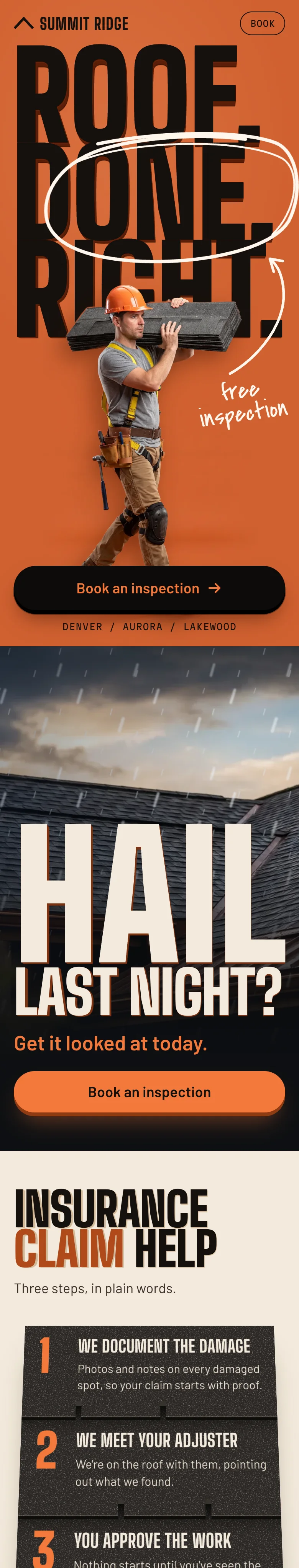 A sample roofing website design, scrolling on a phone
