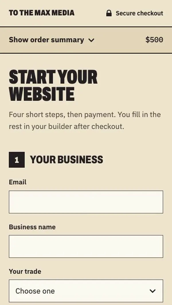The checkout on a phone: business details, design preference, then payment